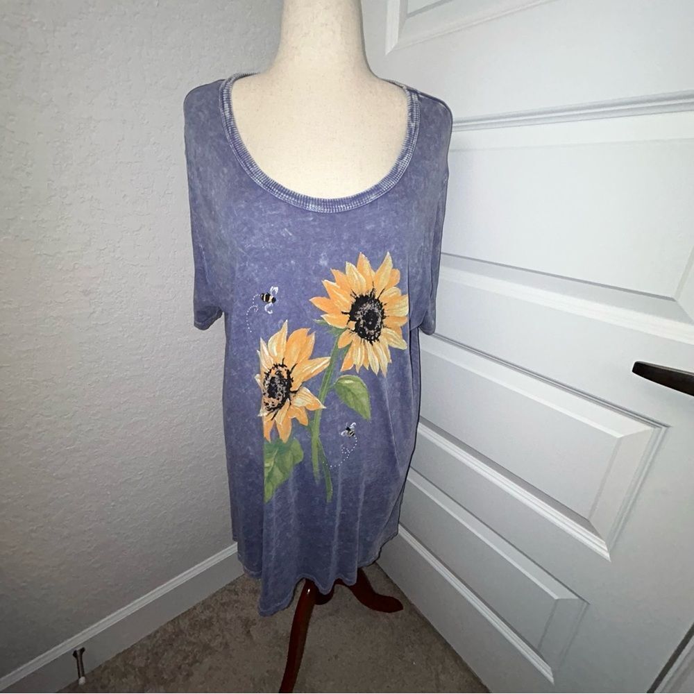 Jess & Jane Sunflower Acid Wash Short Sleeve Tunic Shirt Swing Dress
